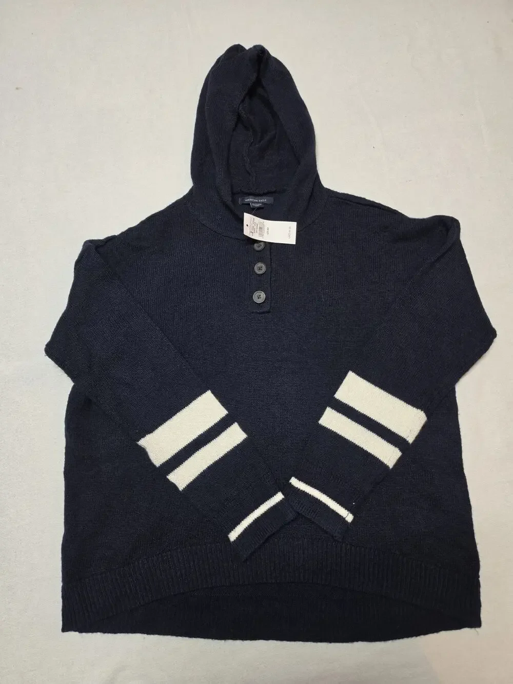 NWT American Eagle Women’s XS Navy Hooded Sweater Henley Pullover Stripe Cuffs